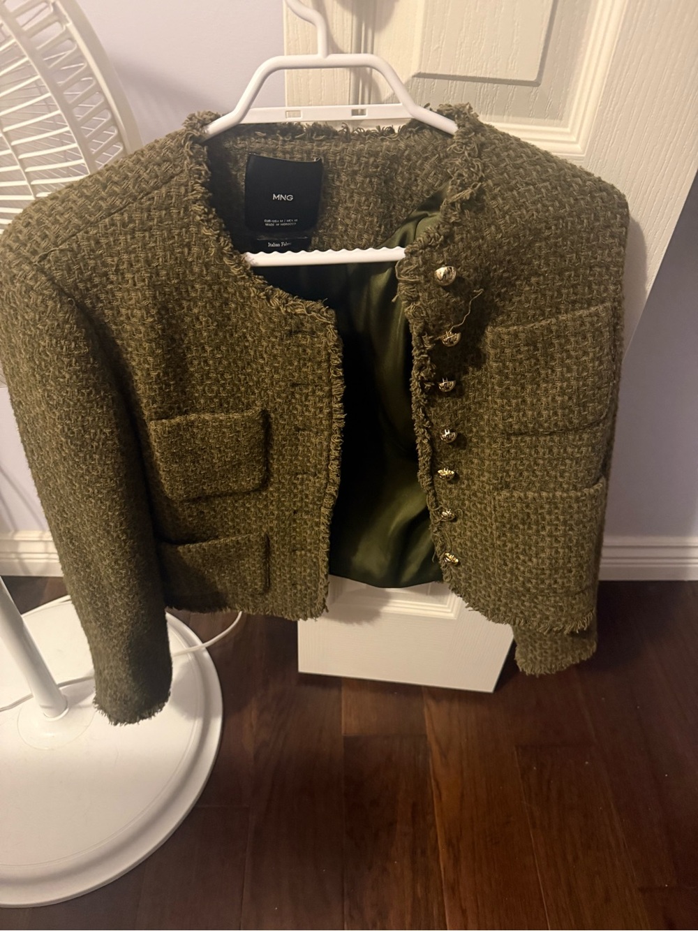 Mango Olive Green Tweed Collarless Blazer with Gold Buttons